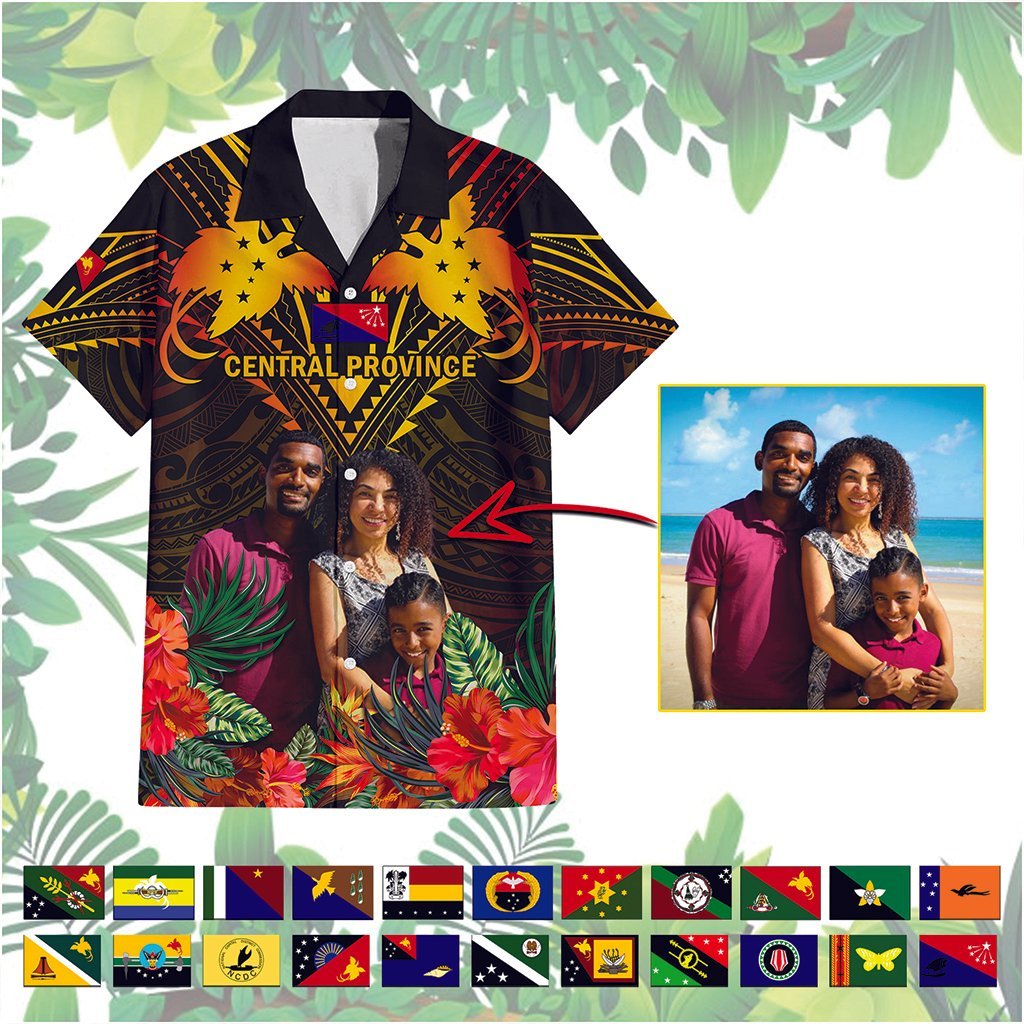 Custom Photo Papua New Guinea Provinces Hawaiian Shirt Flag With Polynesian Tropical Flowers CTM14 Black - Polynesian Pride