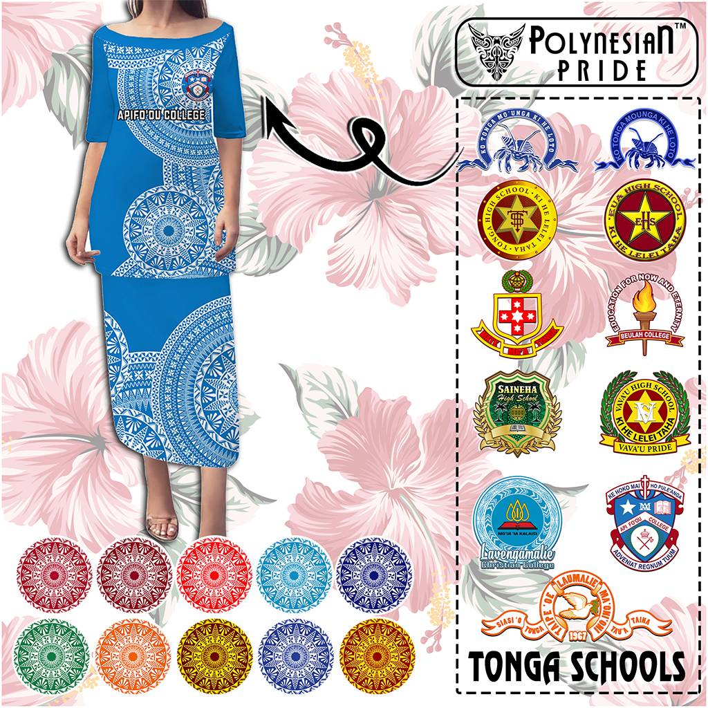 Custom Tonga Schools Puletaha Dress Tongan Schools Logo With Ngatu Pattern CTM14 Long Dress Multicolor - Polynesian Pride