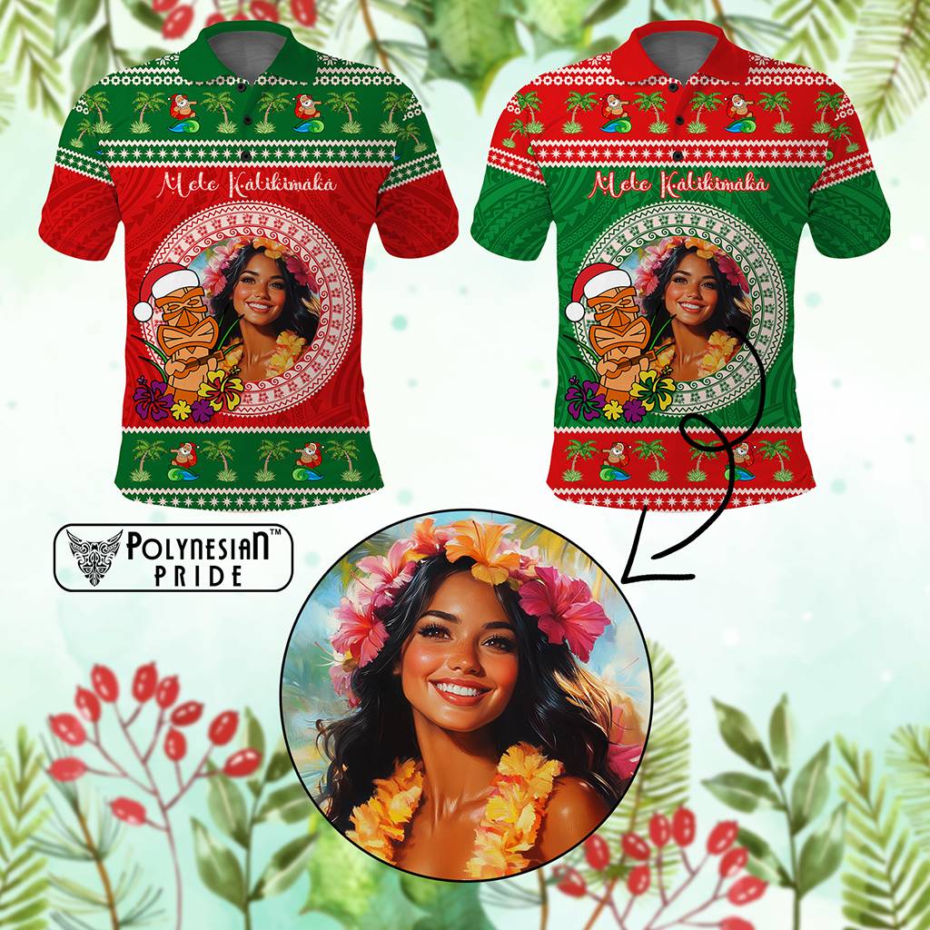 Custom Photo Aloha Hawaii Christmas Polo Shirt Tiki Santa Mele Kalikimaka CTM14 Multicolor - Polynesian Pride