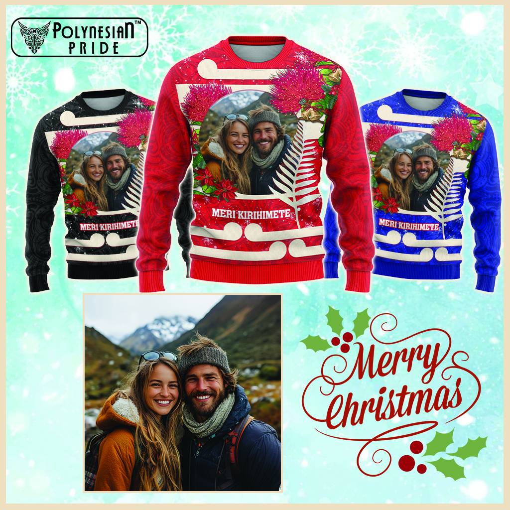 Custom Photo Kia Ora New Zealand Knitted Sweatshirt Pohotukawa Kiwi Santa Meri Kirihimete CTM14 Multicolor - Polynesian Pride