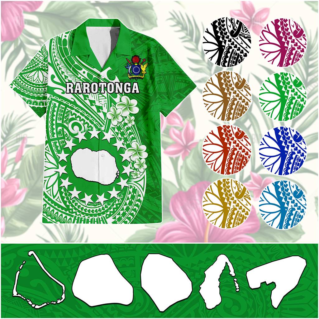 Custom Cook Islands Hawaiian Shirt Islands Map Plumeria With Polynesian Tattoo CTM14 Green - Polynesian Pride