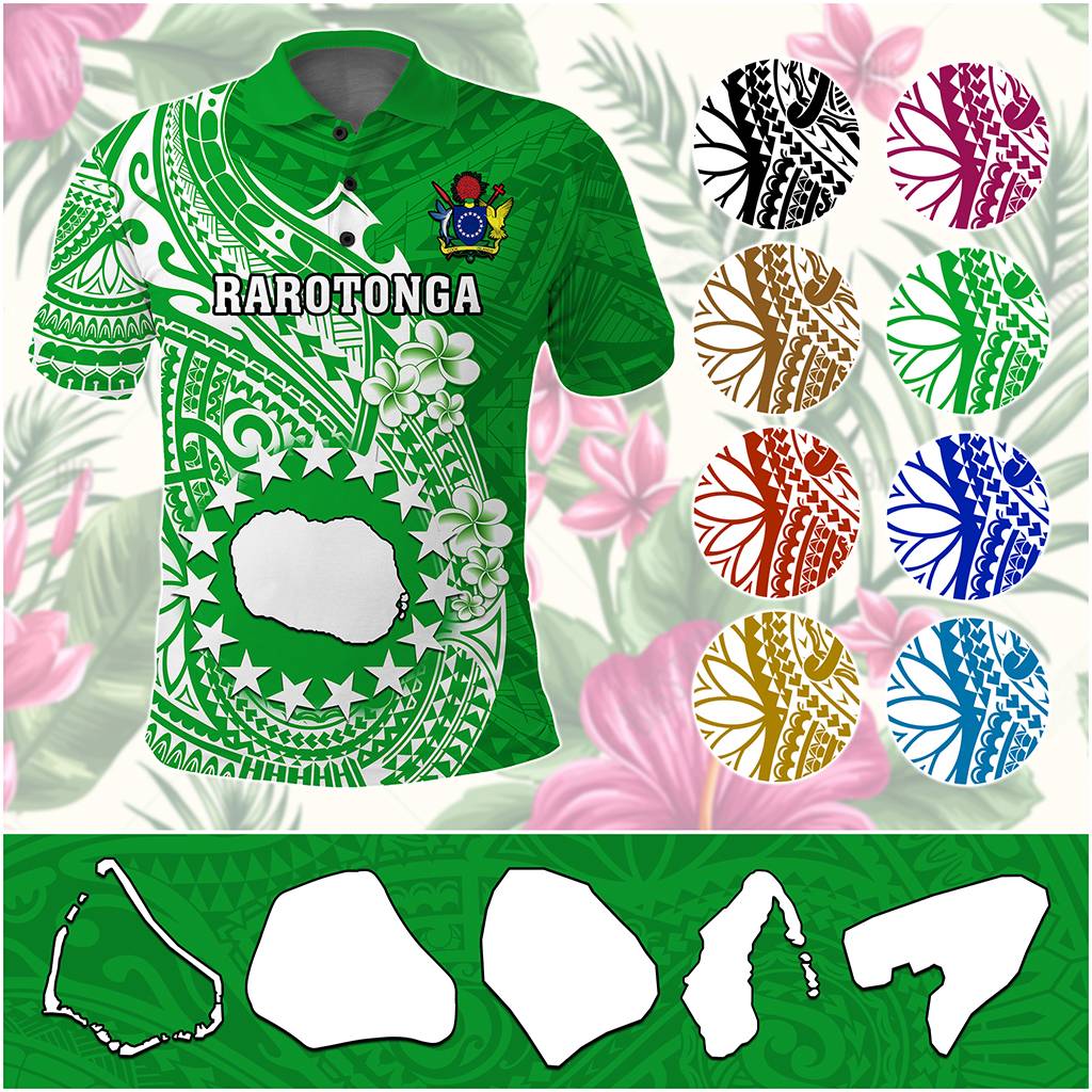 Custom Cook Islands Polo Shirt Islands Map Plumeria With Polynesian Tattoo CTM14 Green - Polynesian Pride