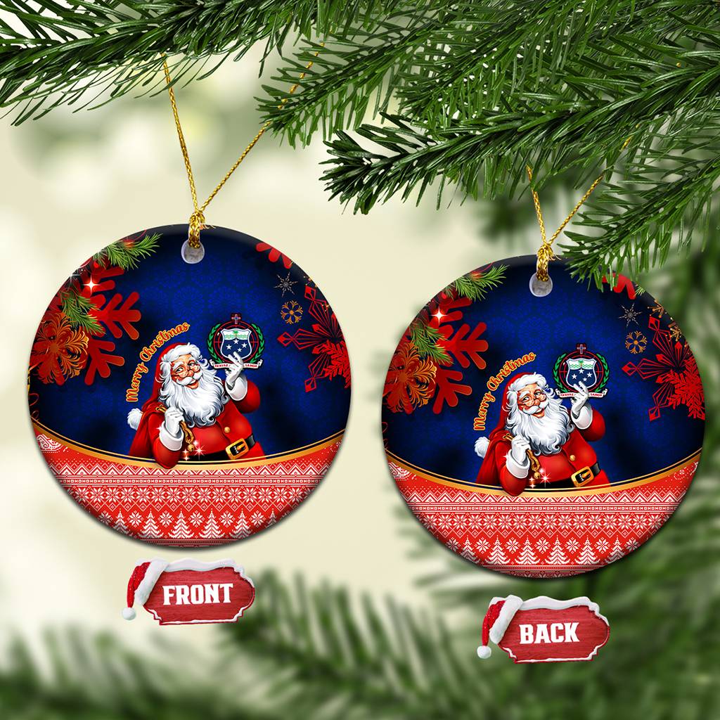 Custom Polynesian Ceramic Ornament Happy Santa Claus With Coat Of Arms CTM14 Blue - Polynesian Pride