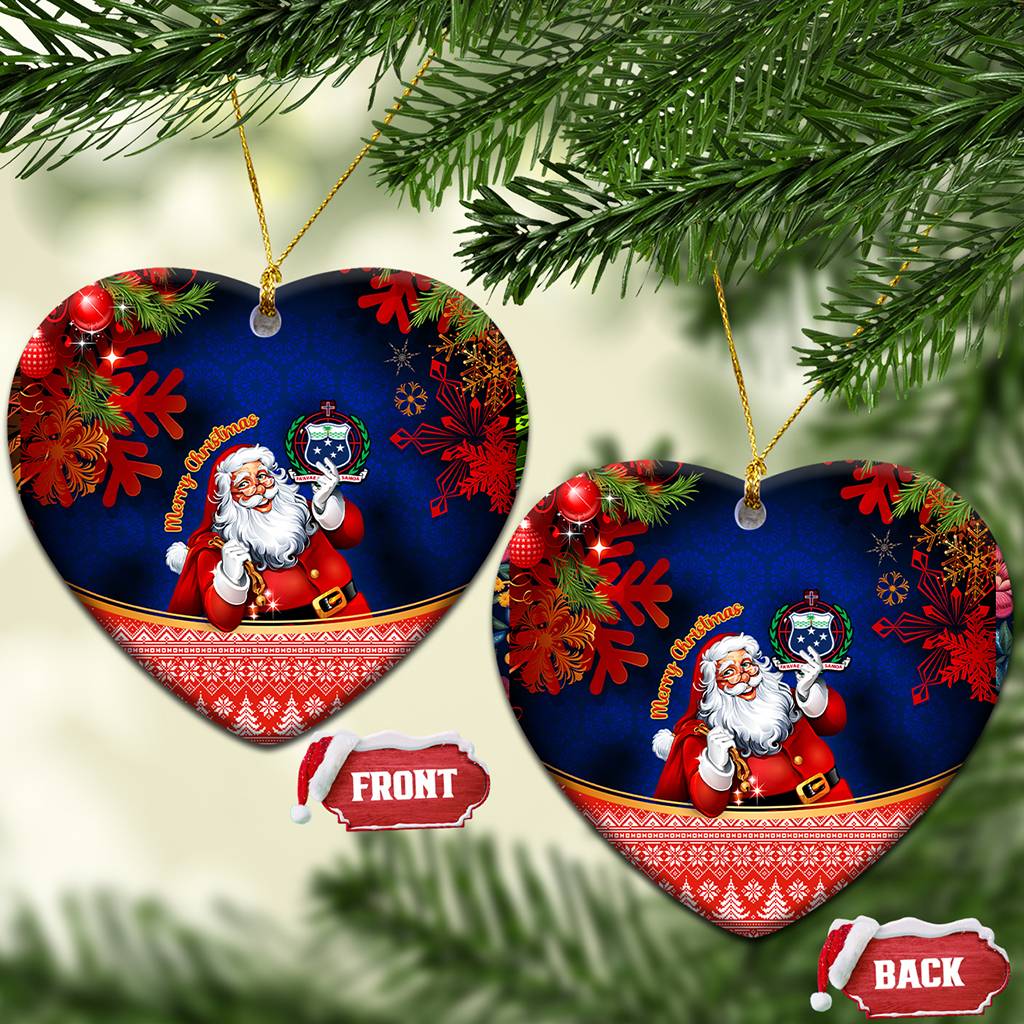Custom Polynesian Ceramic Ornament Happy Santa Claus With Coat Of Arms CTM14 Bell Flake Blue - Polynesian Pride