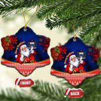 Custom Polynesian Ceramic Ornament Happy Santa Claus With Coat Of Arms CTM14 Christmas Tree Blue - Polynesian Pride
