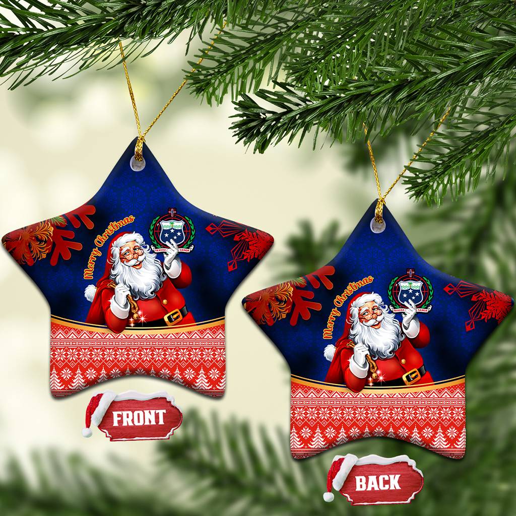 Custom Polynesian Ceramic Ornament Happy Santa Claus With Coat Of Arms CTM14 Heart Blue - Polynesian Pride