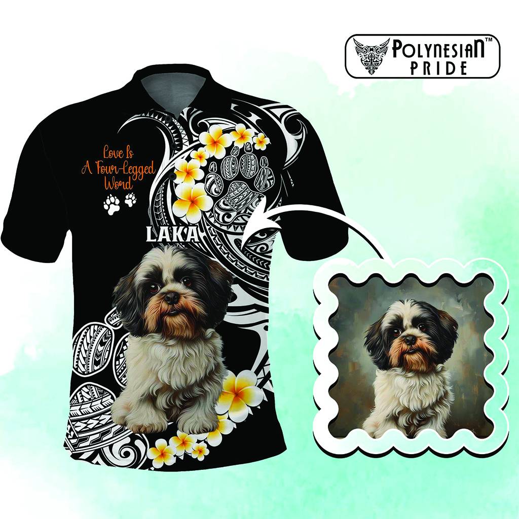 Custom Photo Happy International Dog Day Polo Shirt Tropical Flowers With Polynesian Pattern CTM14 Black - Polynesian Pride