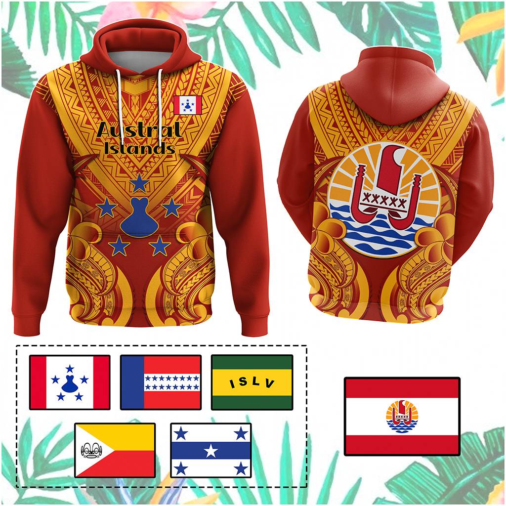 Custom French Polynesia Hoodie Five Groups Of Islands Flag Plumeria Polynesian Tribal CTM14 Pullover Hoodie Red - Polynesian Pride