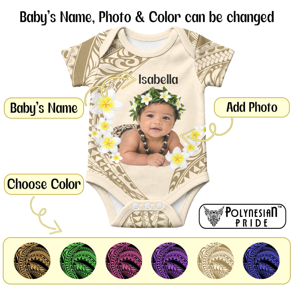 Custom Baby Photo Plumeria Polynesian Pattern Baby Onesie CTM14 - Polynesian Pride