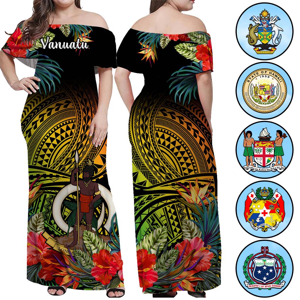Custom Polynesian Off Shoulder Maxi Dress Coat Of Arms Tropical Flowers CTM14 Women Multicolor - Polynesian Pride