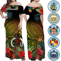 Custom Polynesian Off Shoulder Maxi Dress Coat Of Arms Tropical Flowers CTM14 Women Multicolor - Polynesian Pride