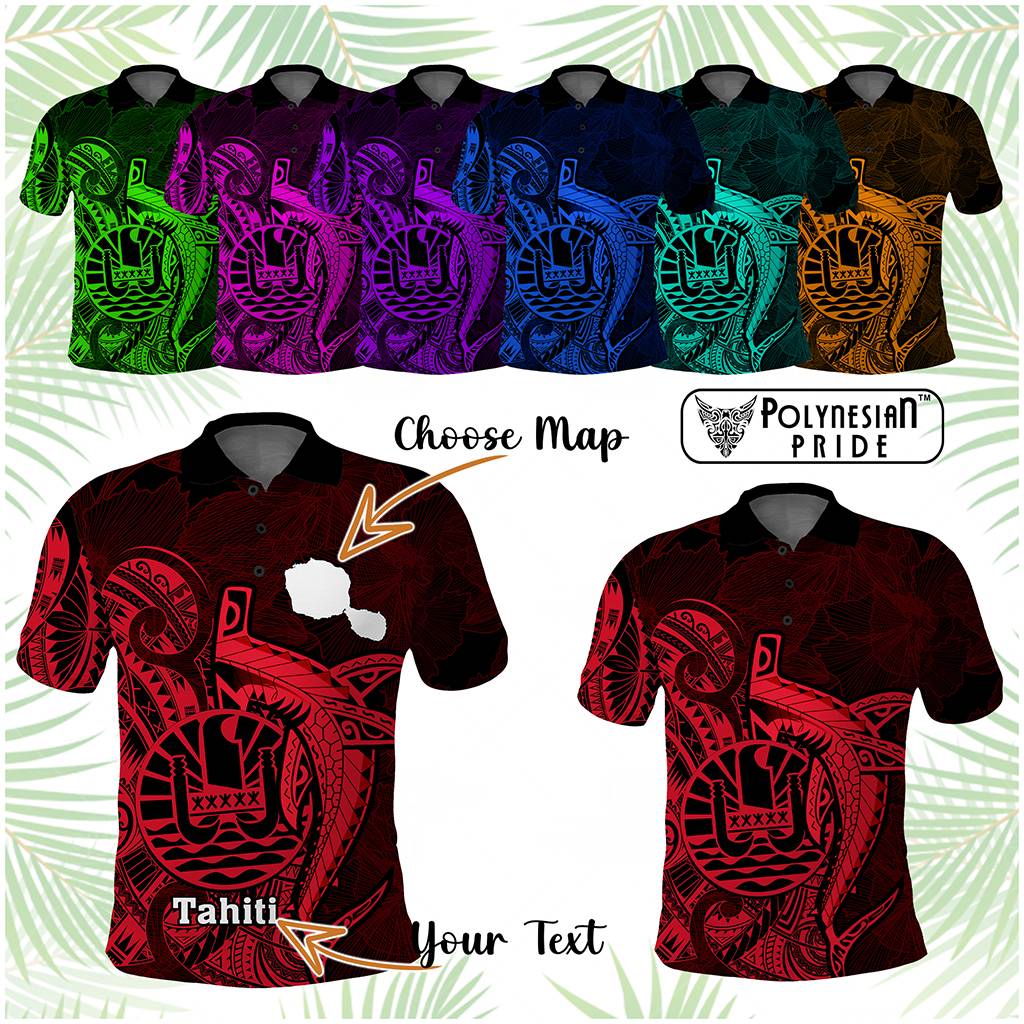 Custom French Polynesia Polo Shirt Map Of Islands Flag Hibiscus With Polynesian Shark Tattoo CTM14 Multicolor - Polynesian Pride