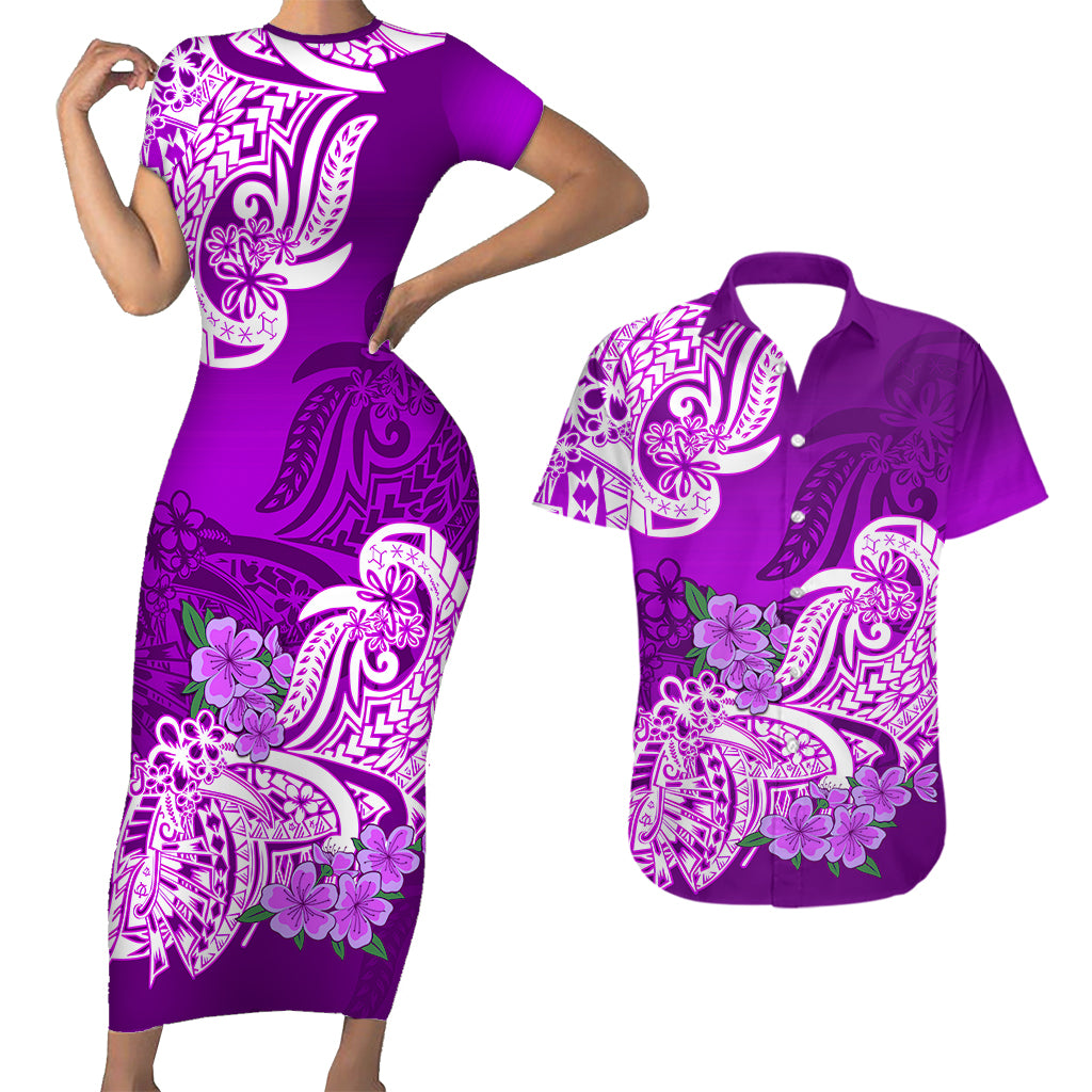 Polynesian Couple Matching Outfit Floral Tribal Combo Short Sleeve Bodycon Long Dress and Hawaiian Shirt Purple LT9 - Polynesian Pride