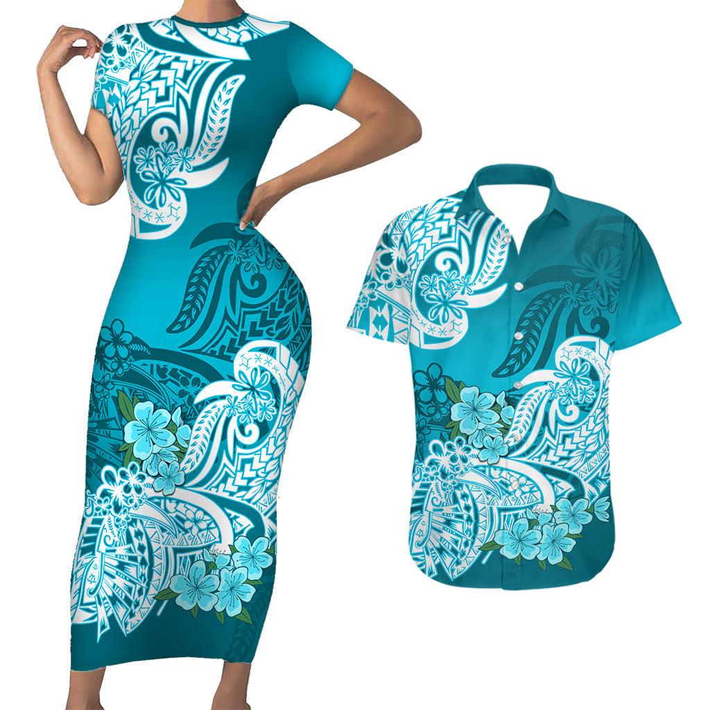 Polynesian Couple Matching Outfit Floral Tribal Combo Short Sleeve Bodycon Long Dress and Hawaiian Shirt Teal LT9 - Polynesian Pride