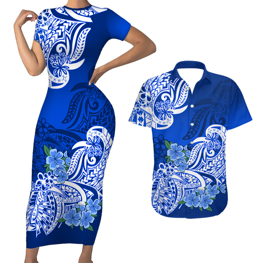 Polynesian Couple Matching Outfit Floral Tribal Combo Short Sleeve Bodycon Long Dress and Hawaiian Shirt Blue LT9 - Polynesian Pride