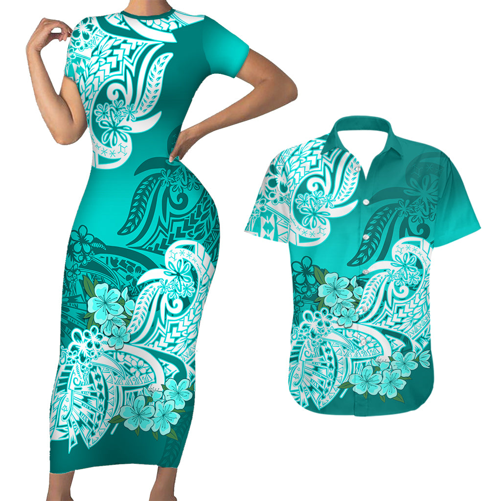 Polynesian Couple Matching Outfit Floral Tribal Combo Short Sleeve Bodycon Long Dress and Hawaiian Shirt Turquoise LT9 - Polynesian Pride