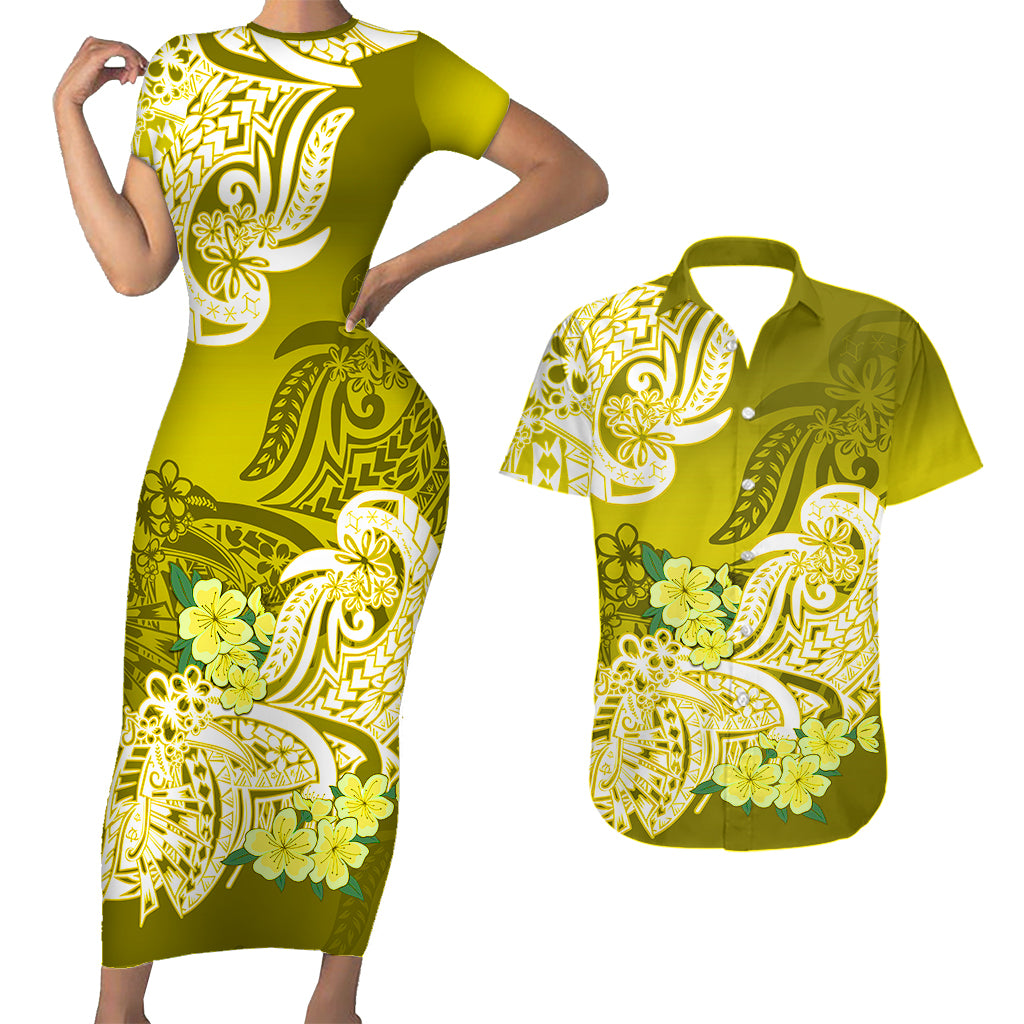 Polynesian Couple Matching Outfit Floral Tribal Combo Short Sleeve Bodycon Long Dress and Hawaiian Shirt Yellow LT9 - Polynesian Pride