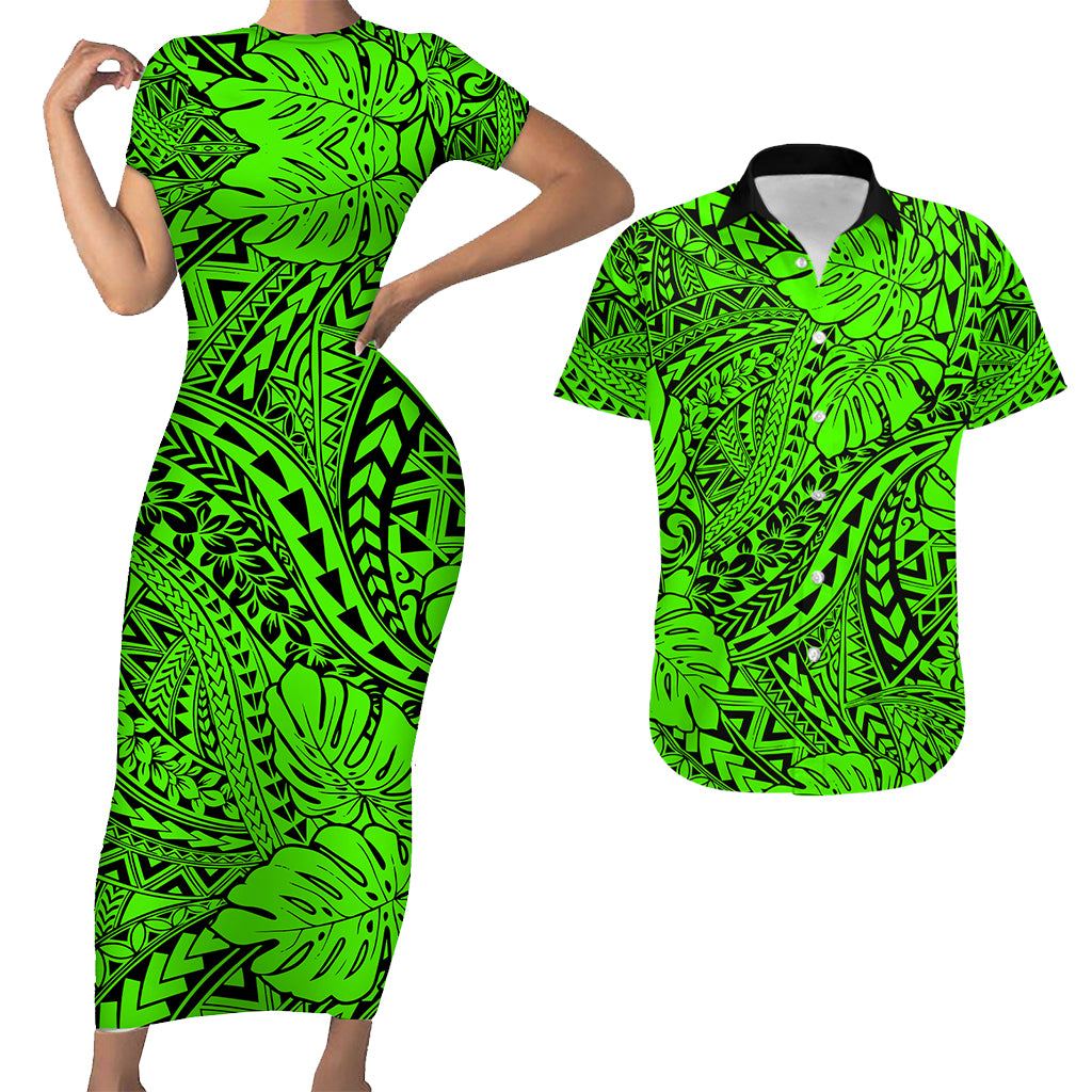 Hawaii Couples Matching Short Sleeve Bodycon Dress and Hawaiian Shirt Green Polynesian Tribal Art LT14 Green - Polynesian Pride