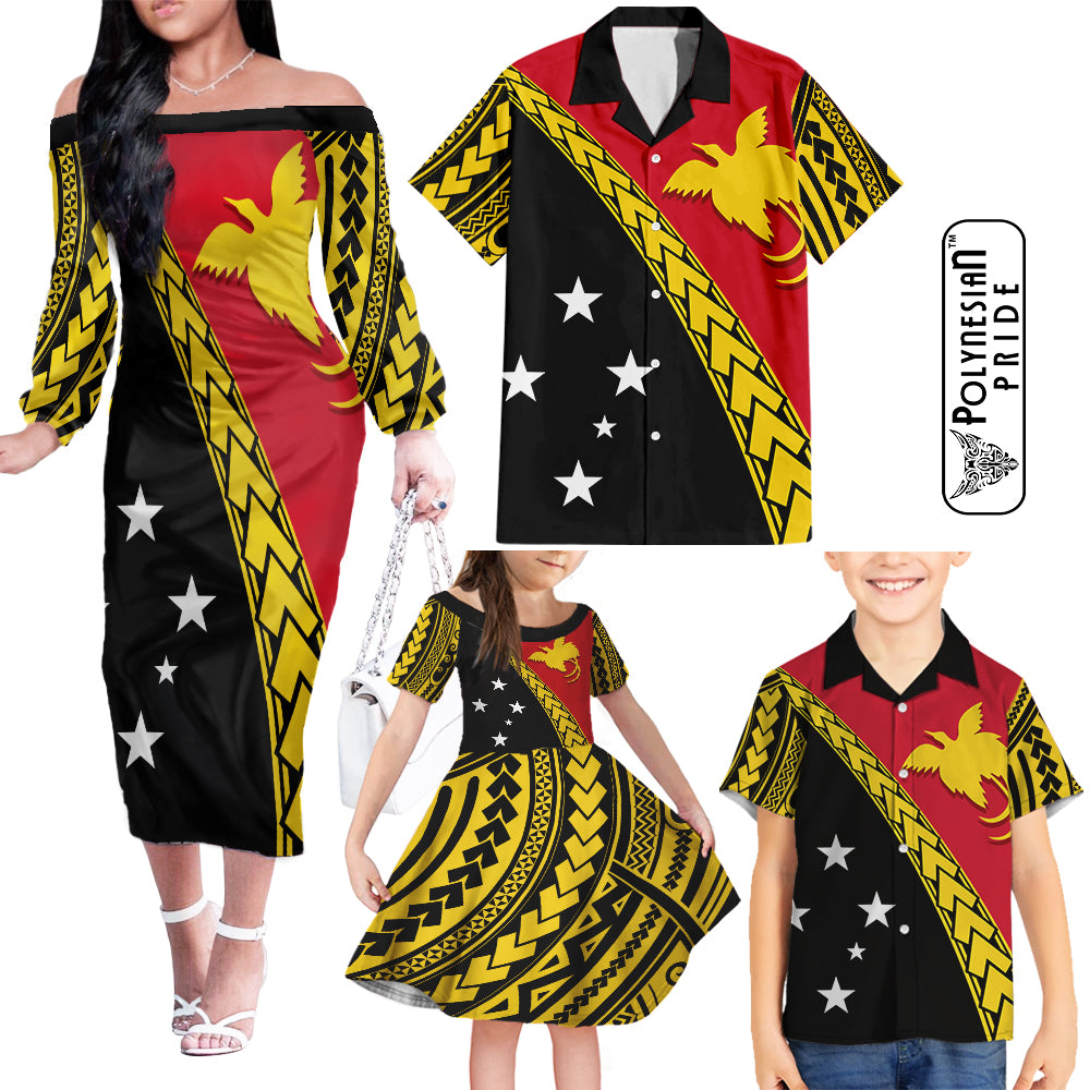 PNG Hibiscus Tribal Pattern Family Matching Outfits Polynesian Pride Shoulder Long Sleeve Dress And Shirt Family Set Clothes Bird - of - Paradise LT7 Black - Polynesian Pride