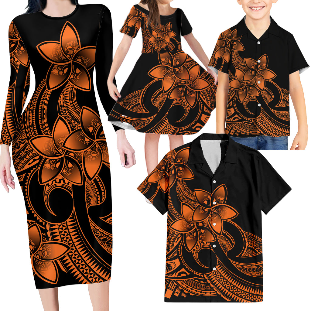 Polynesian Matching Outfit For Family Plumeria Flowers Long Sleeve Bodycon Dress Hawaiian Shirt Polynesian Tribal Gold Vibe LT9 - Polynesian Pride