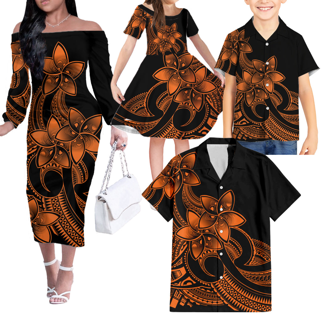 Polynesian Matching Outfit For Family Plumeria Flowers Off Shoulder Long Sleeve Dress Hawaiian Shirt Polynesian Tribal Gold Vibe LT9 - Polynesian Pride