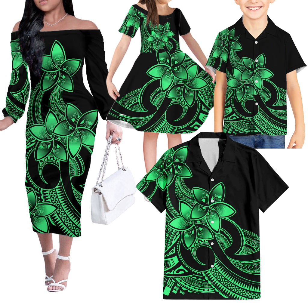 Polynesian Matching Outfit For Family Plumeria Flowers Off Shoulder Long Sleeve Dress Hawaiian Shirt Polynesian Tribal Green Vibe LT9 - Polynesian Pride