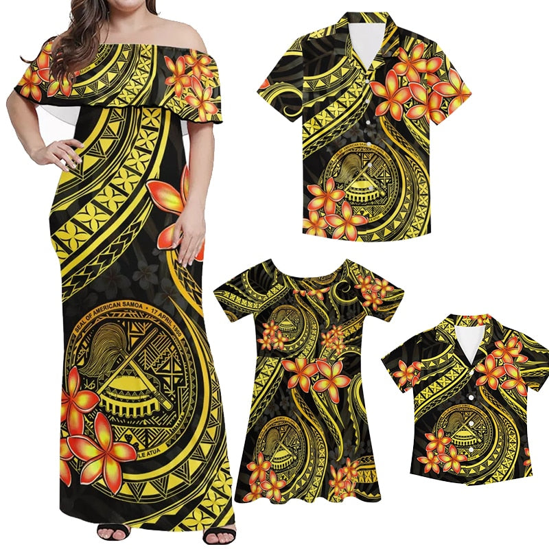 American Samoa Matching Clothes For Family Polynesian Tribal Plumeria Flowers Off Shoulder Long Sleeve Dress And Shirt - Polynesian Pride