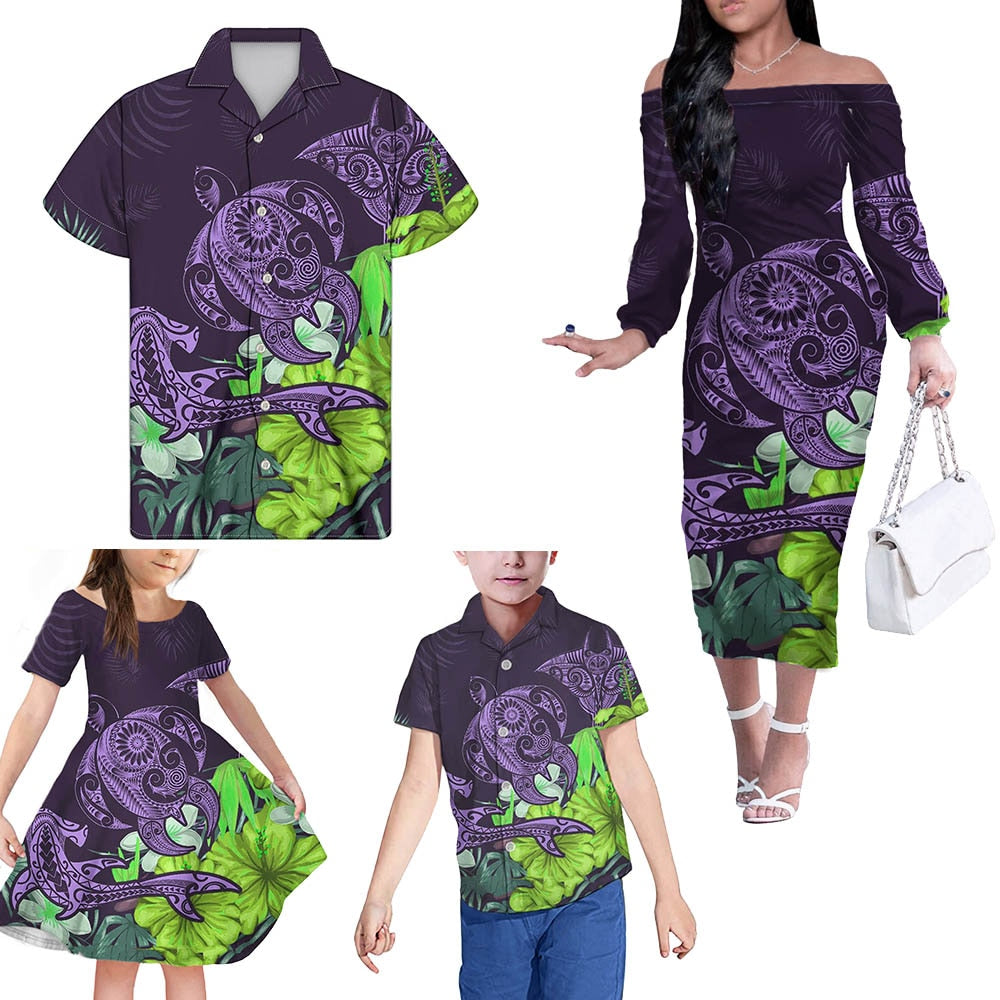 Matching Outfits For Family Polynesian Tribal Turtle Hawaii Floral Off Shoulder Long Sleeve Dress And Shirt Family Set Clothes - Polynesian Pride