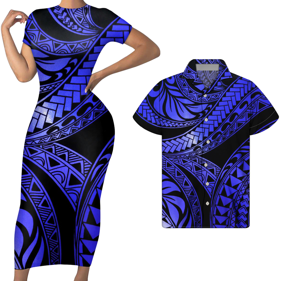 Polynesian Pride Hawaii Matching Outfit For Couples Polynesian Tribal Blue Bodycon Dress And Hawaii Shirt - Polynesian Pride
