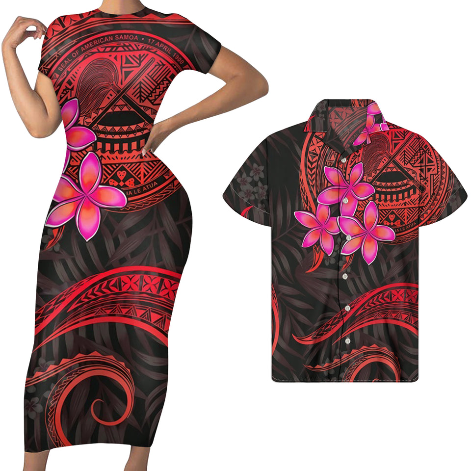 American Samoa Matching Outfit For Couples Polynesian Tribal Plumeria Bodycon Dress And Hawaii Shirt - Polynesian Pride