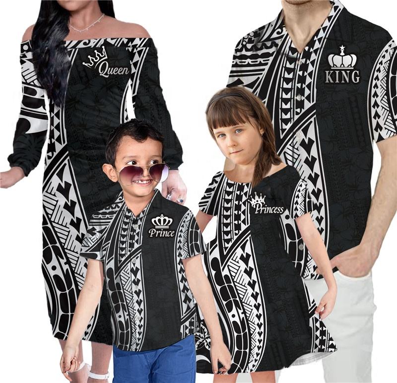 Polynesian Tribal Family Matching Outfits Polynesian King And Queen Style Black Off Shoulder Long Sleeve Dress And Shirt Family Set - Polynesian Pride