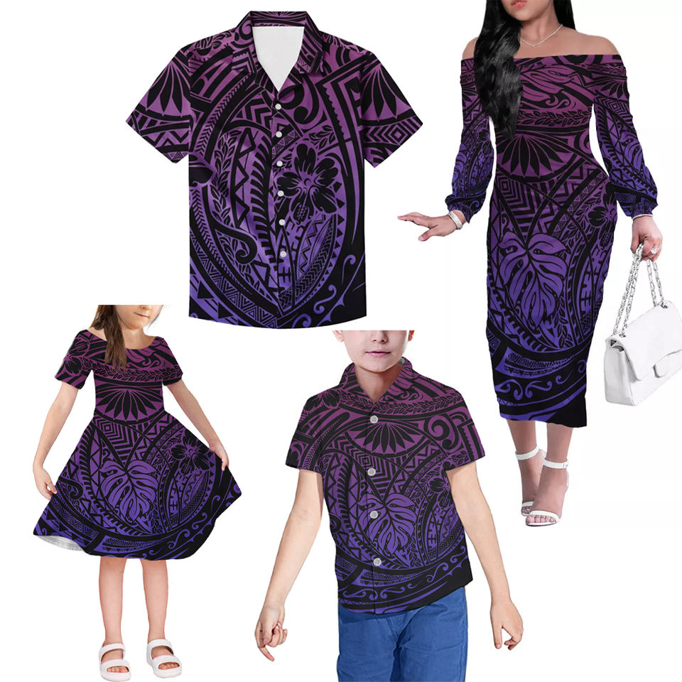 Hawaii Tropical Leaf Polynesian Matching Clothes For Family Hawaii Off Shoulder Long Sleeve Dress And Shirt Family Set Clothes - Polynesian Pride