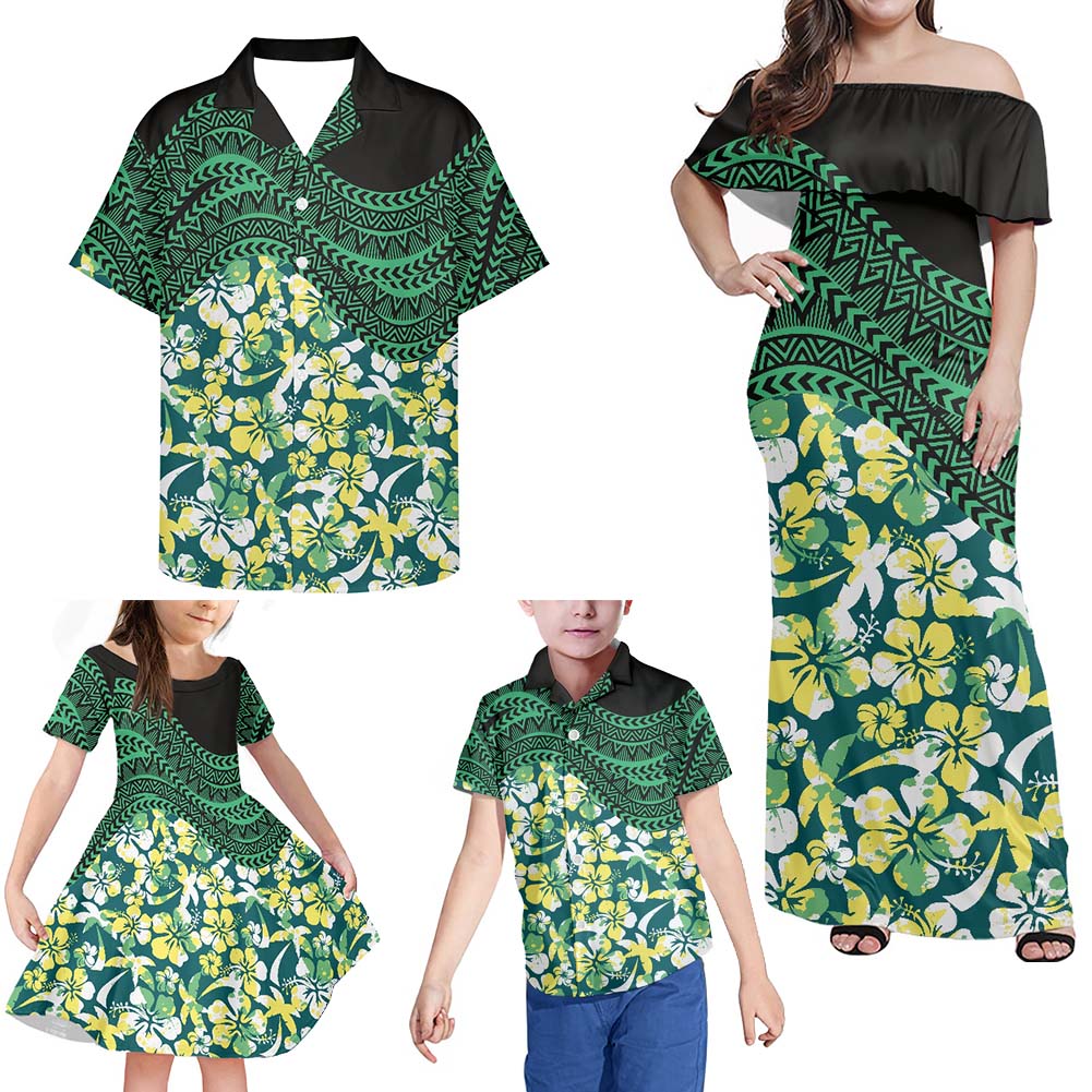 Hawaii Matching Clothes For Family Samoan Polynesian Tribal Flowers Half Off Shoulder Long Sleeve Dress And Shirt - Polynesian Pride