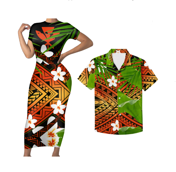 Polynesian Pride Hawaii Matching Outfit For Couples Plumeria Polynesian Tribal Bodycon Dress And Hawaii Shirt - Polynesian Pride