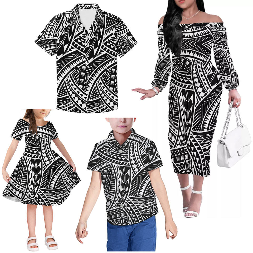 White And Black Polynesian Tribal Hawaii Floral Family Matching Outfits Polynesian Off Shoulder Long Sleeve Dress And Shirt - Polynesian Pride