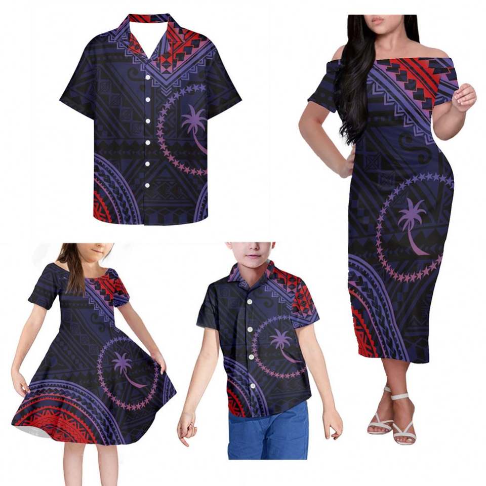 Chuuk Polynesian Tribal Tattoo Print Family Matching Outfit Off Shoulder Long Sleeve Dress And Hawaii Shirt - Polynesian Pride