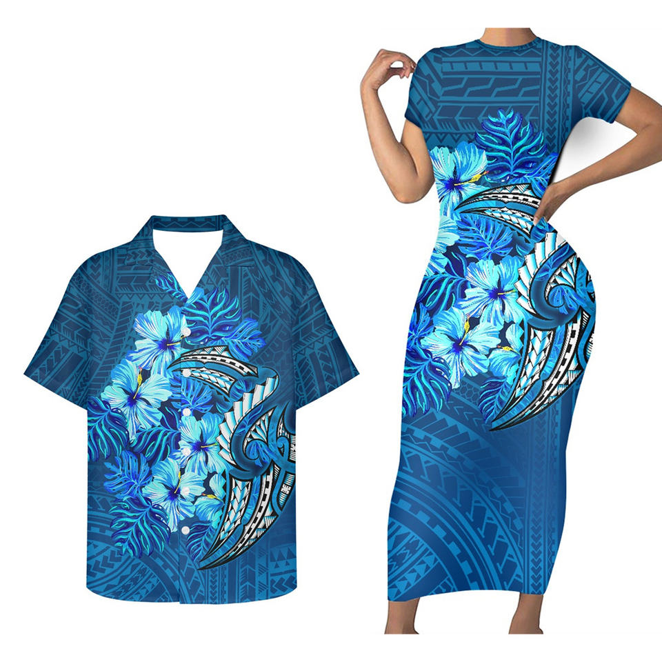 Hawaii Matching Outfit For Couples Hawaiian Blue Hibiscus Polynesian Tribal Bodycon Dress And Hawaii Shirt - Polynesian Pride