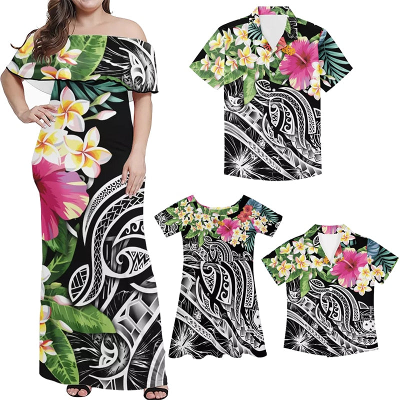 Hawaii Matching Clothes For Family Polynesian Tribal Hawaii Plumeria Flowers Off Shoulder Long Sleeve Dress And Shirt - Polynesian Pride