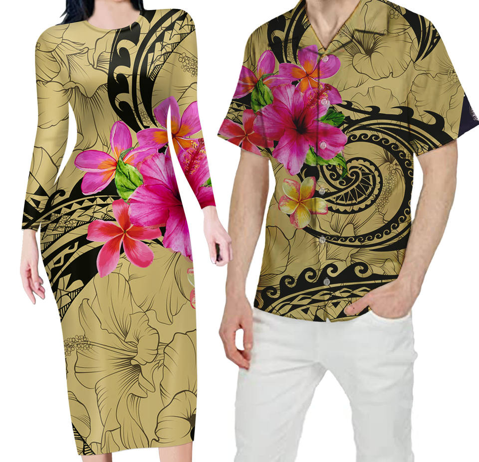 Polynesian Pride Hawaii Couple Outfit Ideas King Kamehameha Day Matching Dress and Hawaiian Shirt Paradise of The Pacific Tribal Kakau with Kanaka Maoli White