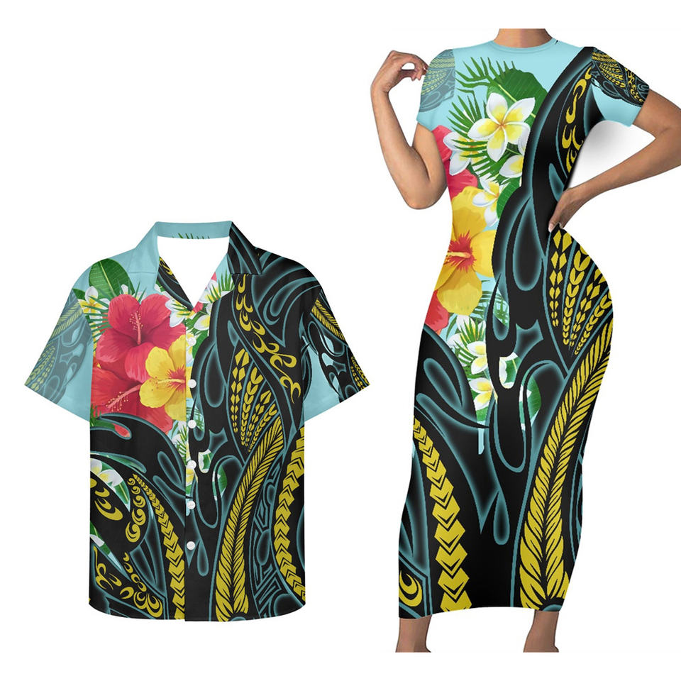Hawaii Matching Outfit For Couples Plumeria Flowers Polynesian Tribal Bodycon Dress And Hawaii Shirt - Polynesian Pride