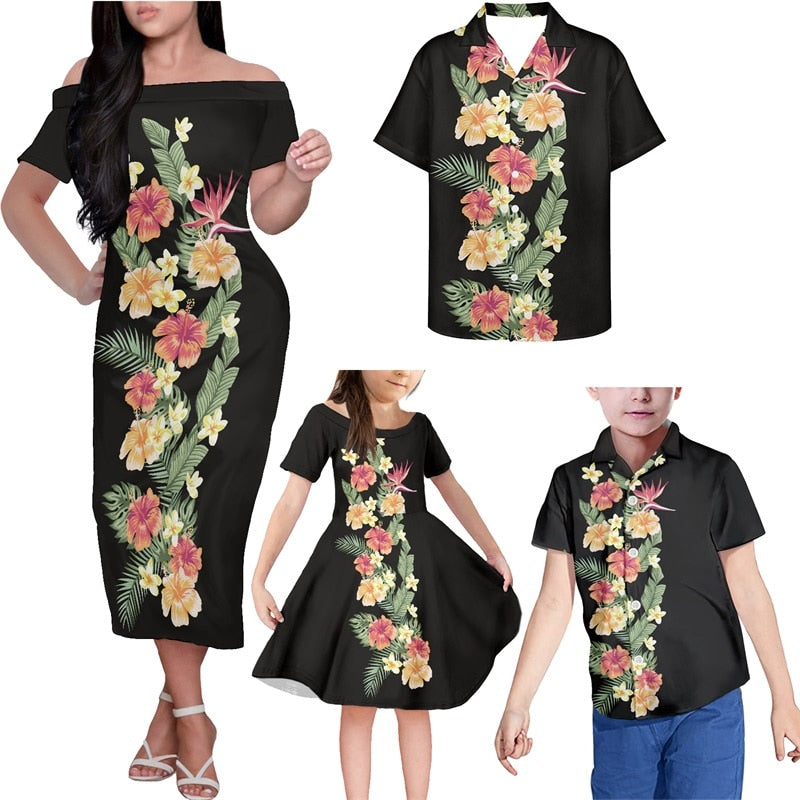 Black Family Matching Outfit Hibiscus Hawaii Floral Off Shoulder Long Sleeve Dress And Shirt Family Set - Polynesian Pride