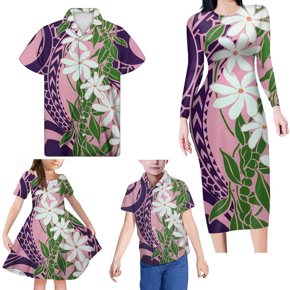 Family Matching Outfits Hawaii Flowers Family Set Bodycon Dress And Hawaii Shirt - Polynesian Pride