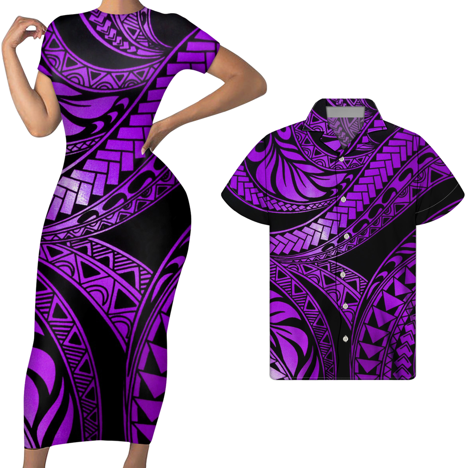 Polynesian Pride Hawaii Matching Outfit For Couples Polynesian Tribal Purple Bodycon Dress And Hawaii Shirt - Polynesian Pride