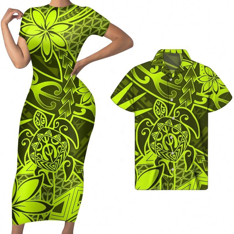 Polynesian Pride Matching Outfit For Couples Green Turtle Plumeria Polynesian Tribal Bodycon Dress And Hawaii Shirt - Polynesian Pride