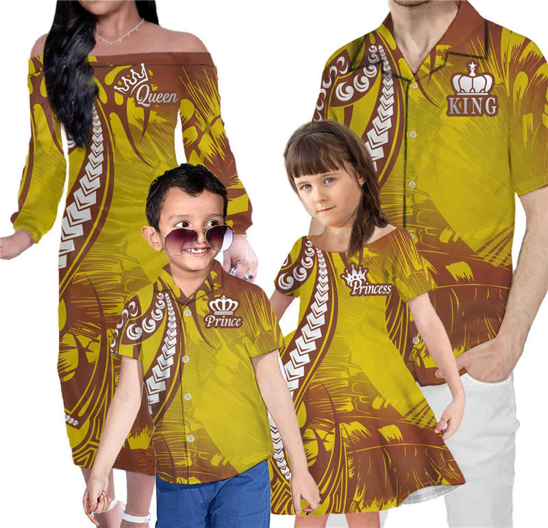 Hawaii Tropical Leaf Family Matching Outfits Polynesian Tribal King And Queen Style Yellow Off Shoulder Long Sleeve Dress And Shirt Family Set - Polynesian Pride