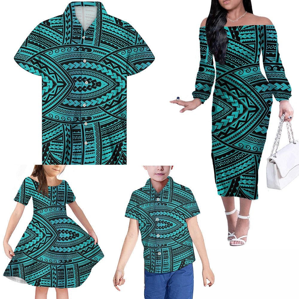 Hawaii Family Matching Outfits Hawaii Polynesian Tribal Off Shoulder Long Sleeve Dress And Shirt Family Set Clothes - Polynesian Pride