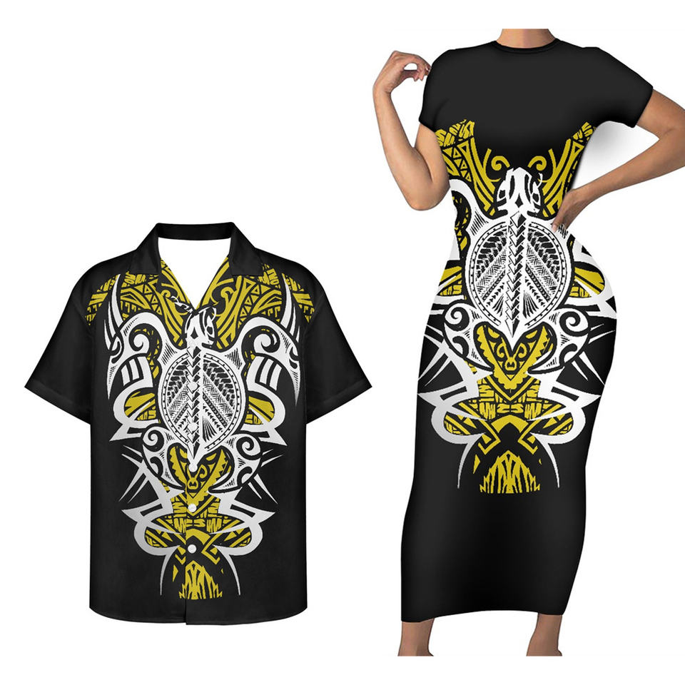 Hawaii Matching Outfit For Couples Hawaiian Polynesian Tribal Turtle Black And Yellow Bodycon Dress And Hawaii Shirt - Polynesian Pride