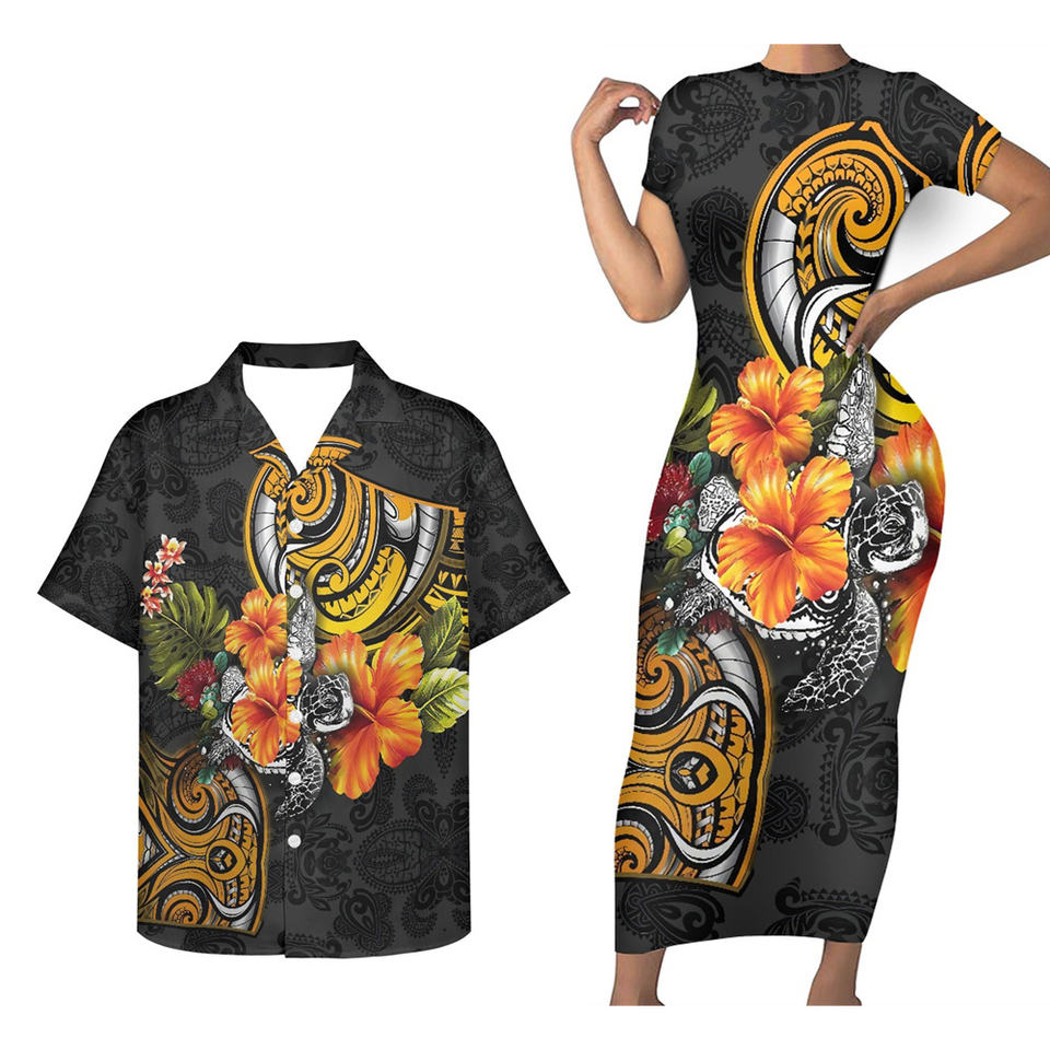 Hawaii Matching Outfit For Couples Hibiscus Flowers Polynesian Tribal Pattern Bodycon Dress And Hawaii Shirt - Polynesian Pride