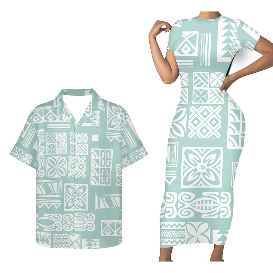 Matching Clothes For Couples Blue Hawaii Polynesian Tribal Pattern Bodycon Dress And Hawaii Shirt - Polynesian Pride