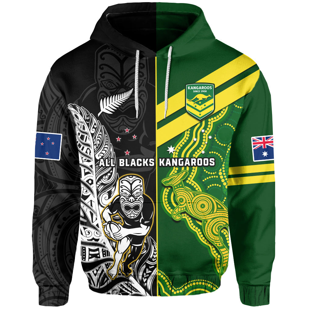 Custom Australia Kangaroos and All Black Rugby Hoodie Aboriginal Mix NZ Maori Fern LT14 Black - Polynesian Pride
